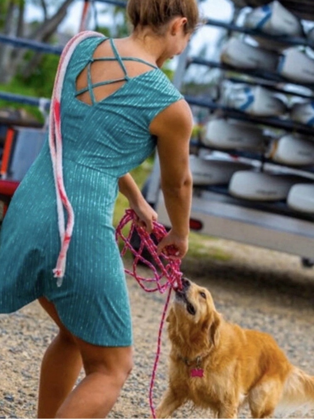 Title Nine Steadfast Convertible Dress M Ajrak Stripe Teal Stretchy Outdoors - Picture 4 of 13